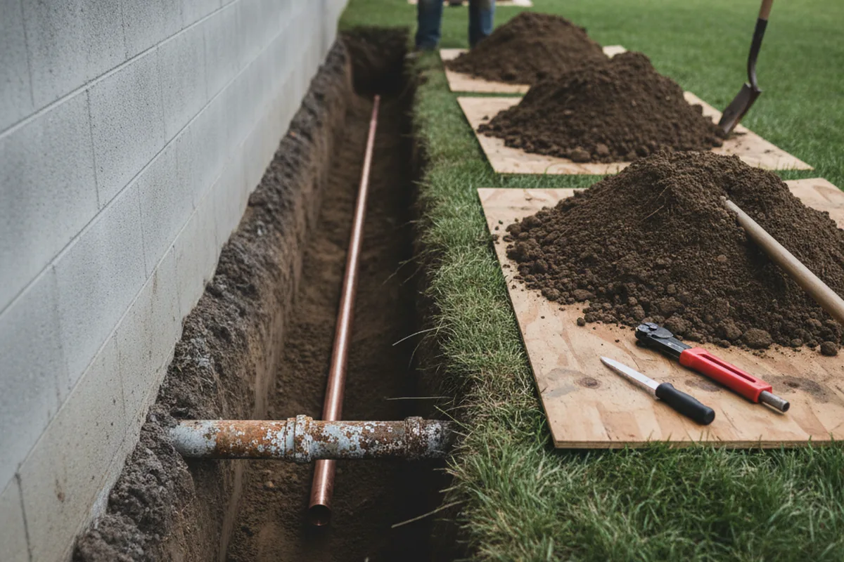 Excavated water line trench during Water Heater Repair in Eagle Lake